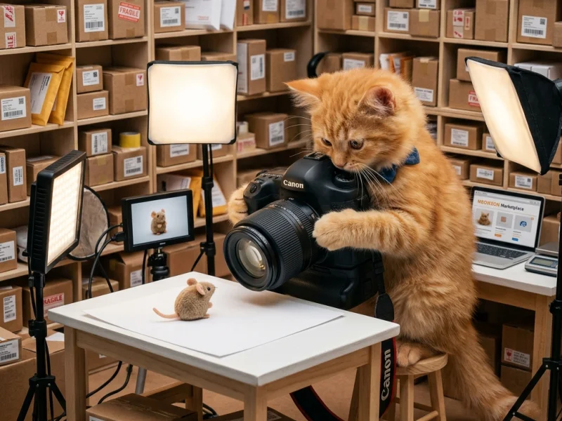 Милый рыжий кот в фотостудии с большой камерой пытается сфотографировать мышку-игрушку
